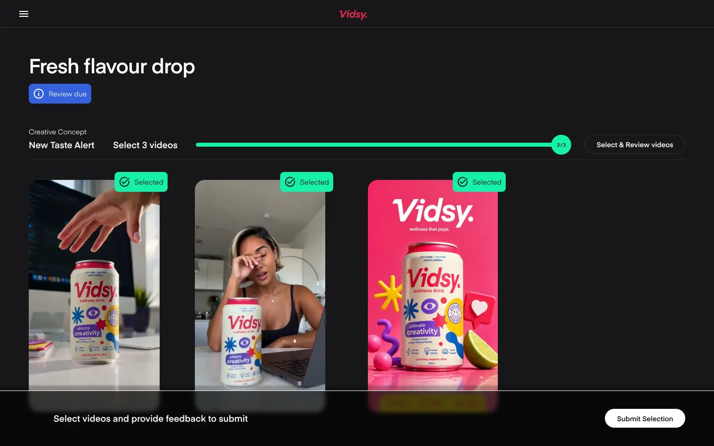 Vidsy workflow interface showing content overview and review experience
