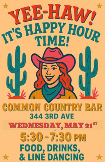 Illustrated Yee-Haw happy hour poster for a Vidsy social at Common Country Bar with line dancing