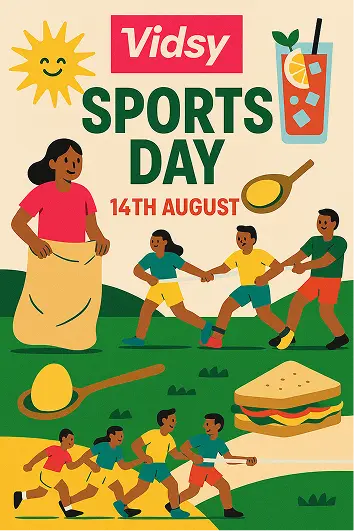 Illustrated poster for Vidsy Sports Day on 14th August featuring sack race and egg-and-spoon characters